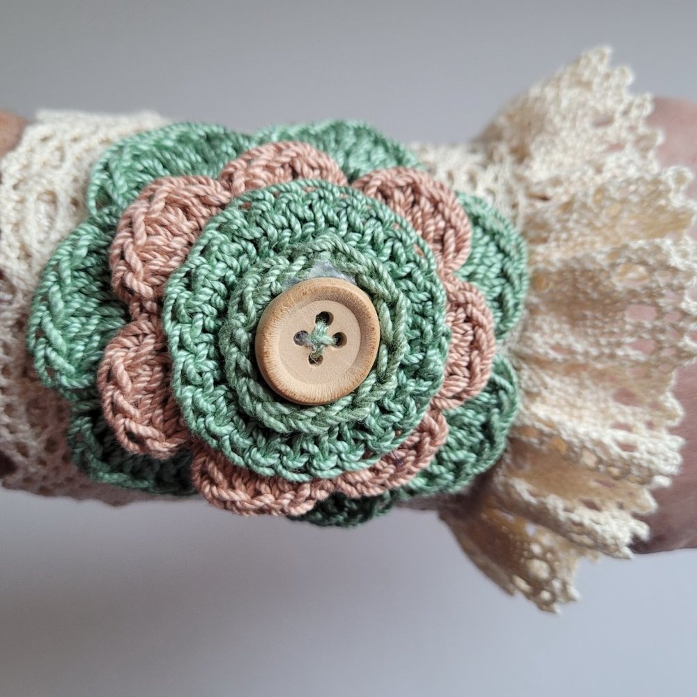 Crochet Cuff Bracelet Handmade Boho wrist cuff with Flower/ Lace Beige Green